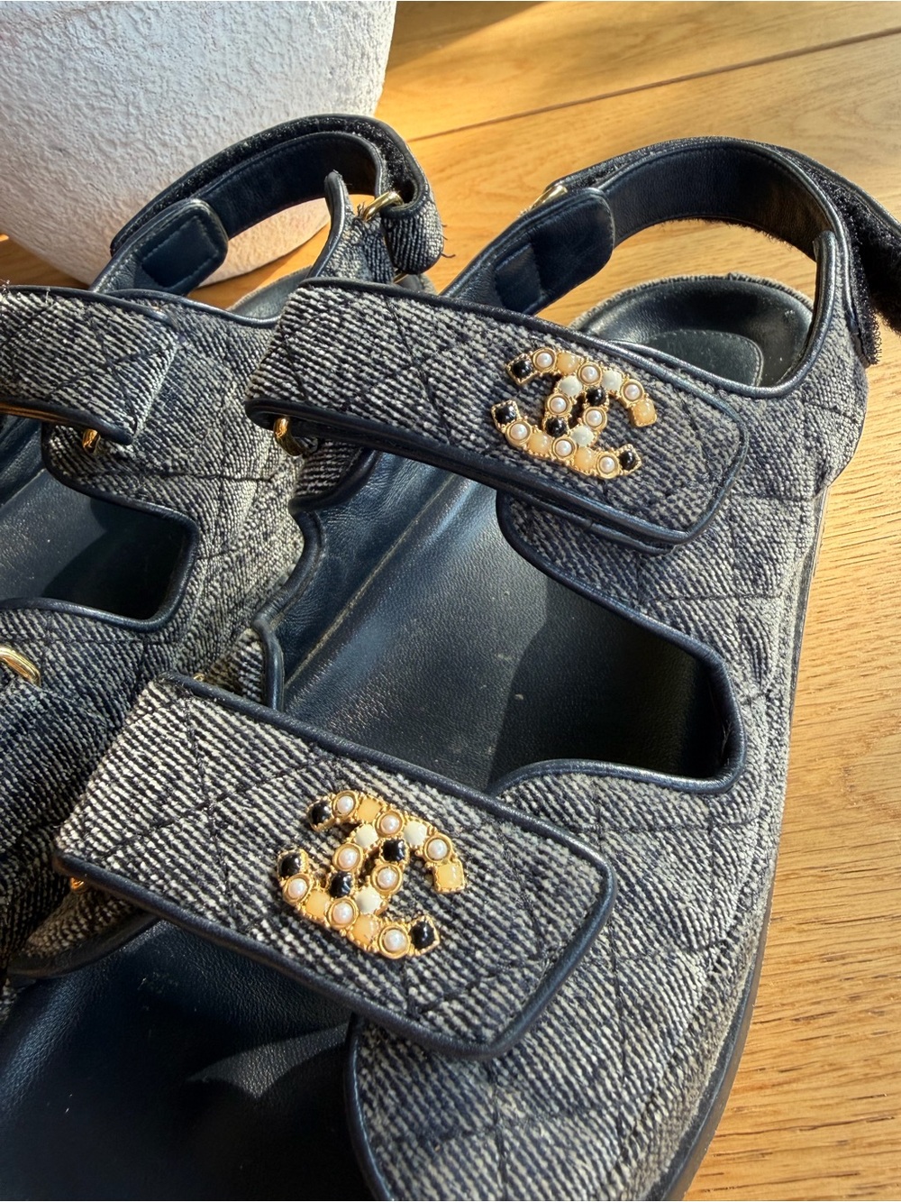 CHANEL G31848 Black Dad Sandals CC Pearl Crystal Embellished Velcro